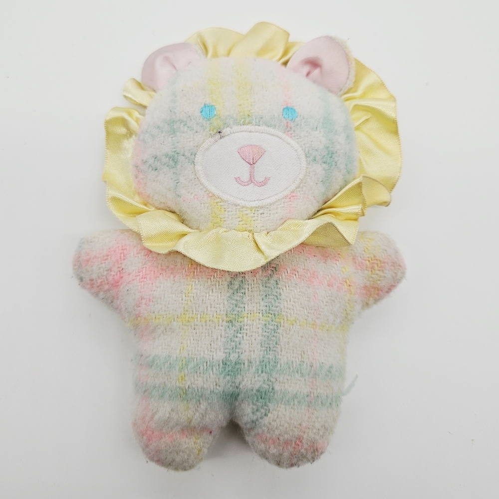VINTAGE | 80s Playskool Snuzzles pastel plaid satin plish rattle lion toy lovey